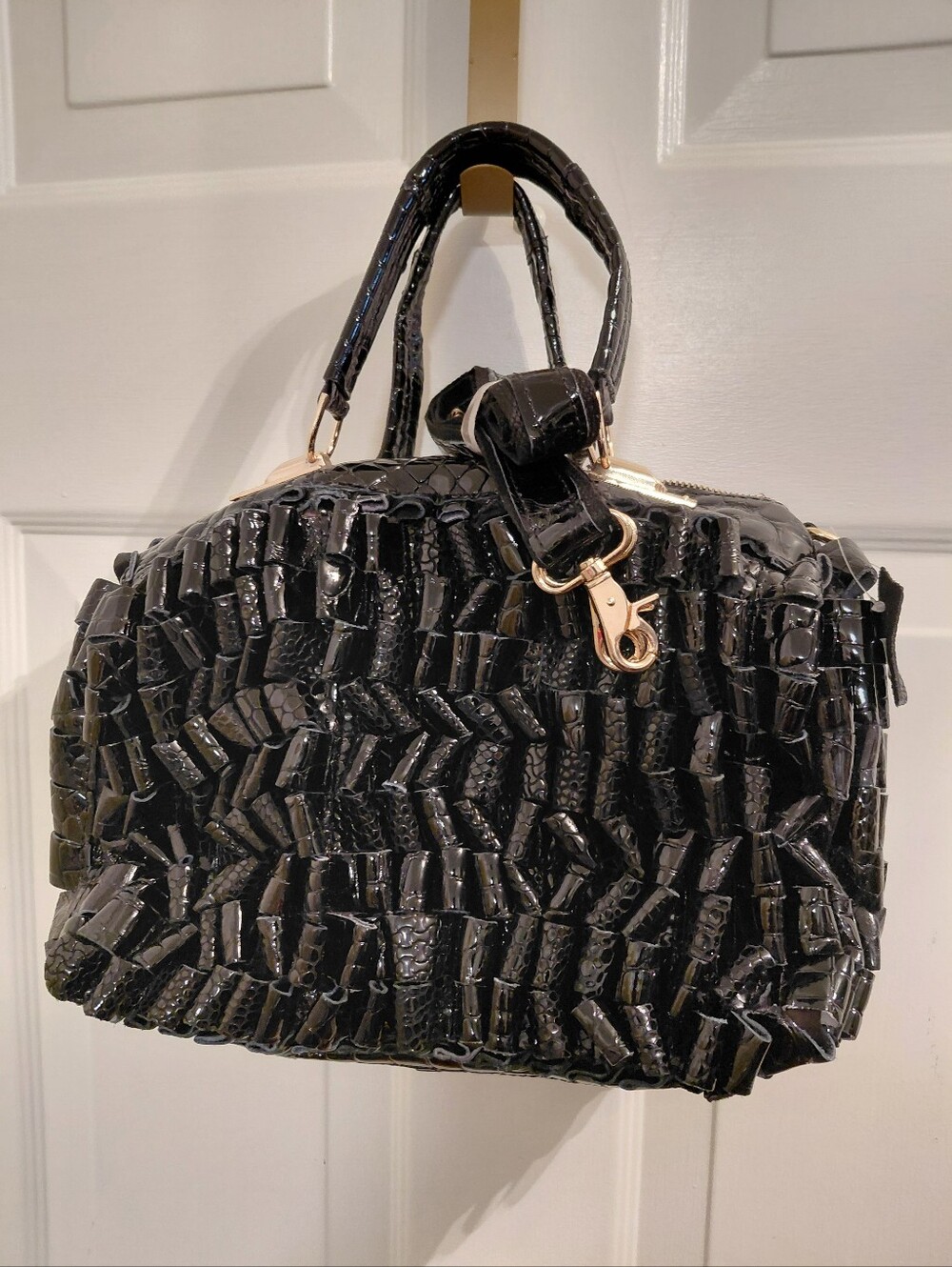 Black Textured Patent Satchel Handbag